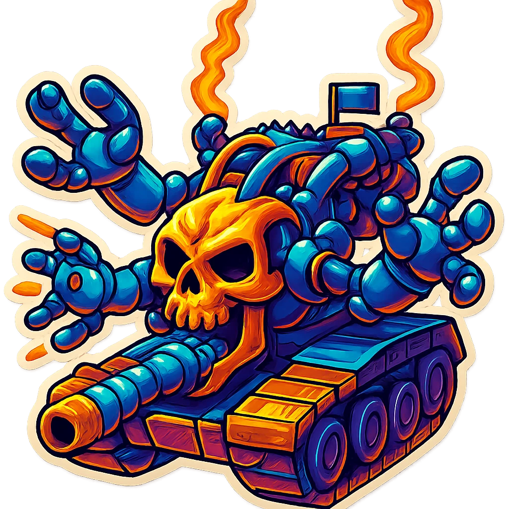 Edit the skull robot tank to have 4 distinct arms, made of silver metal with vibrant colors, in a clean outline style consistent with retro stickers style. Maintain a transparent background. emoji