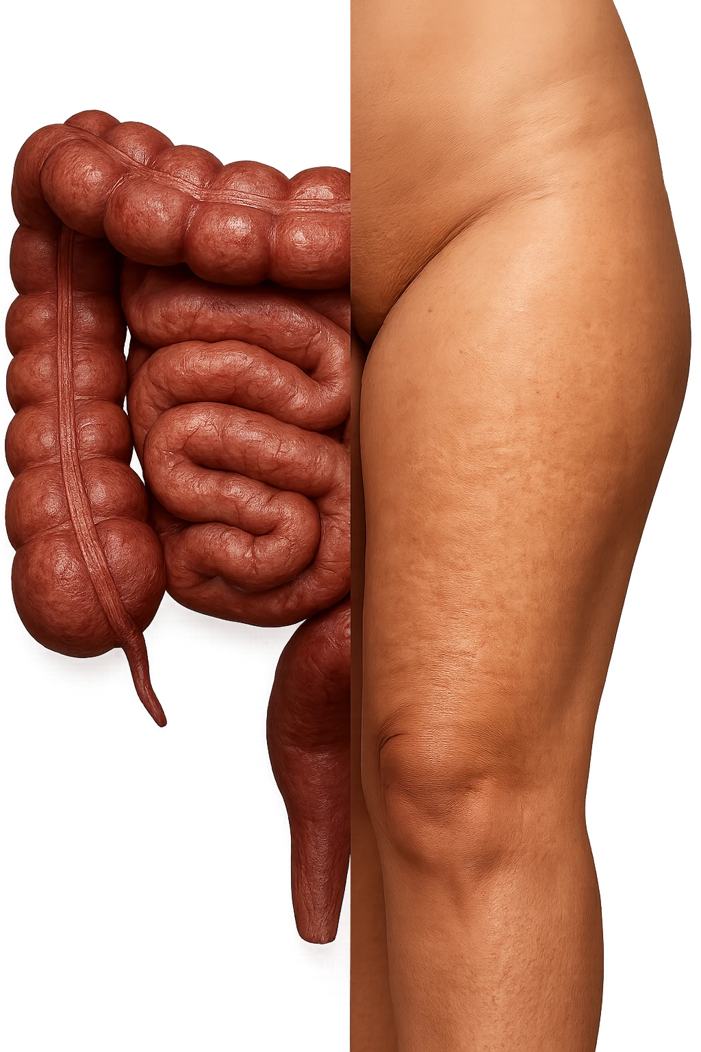 metà immagine: intestino umano anatomico, metà immagine: gambe con buccia d’arancia e cellulite, iperrealistica 4k
 emoji