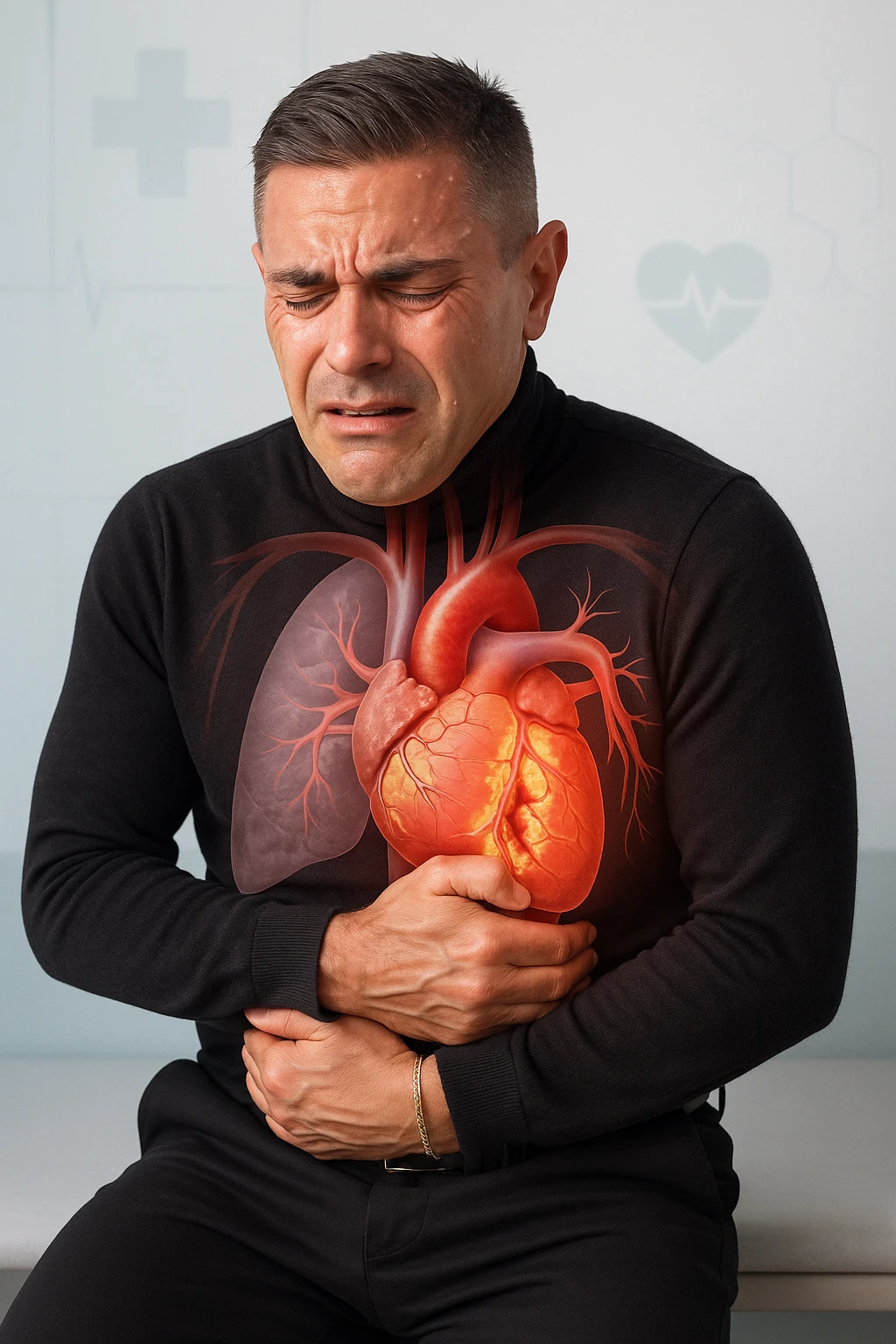 a middle-aged man sits on a bench, clutching his chest with a pained expression. His face is pale and sweaty, and his posture is hunched forward. A transparent overlay reveals his heart and major blood vessels, with highlighted areas indicating blockages or damage. The background is clean and clinical, with subtle medical icons. emoji