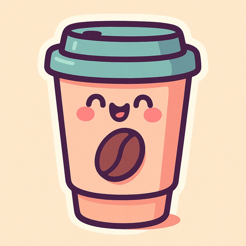 takeaway coffee cup with coffee bean on cup, pastel colors, thick outline, graphic shadows and highlights, white border, cute cartoon style, variant 4 emoji