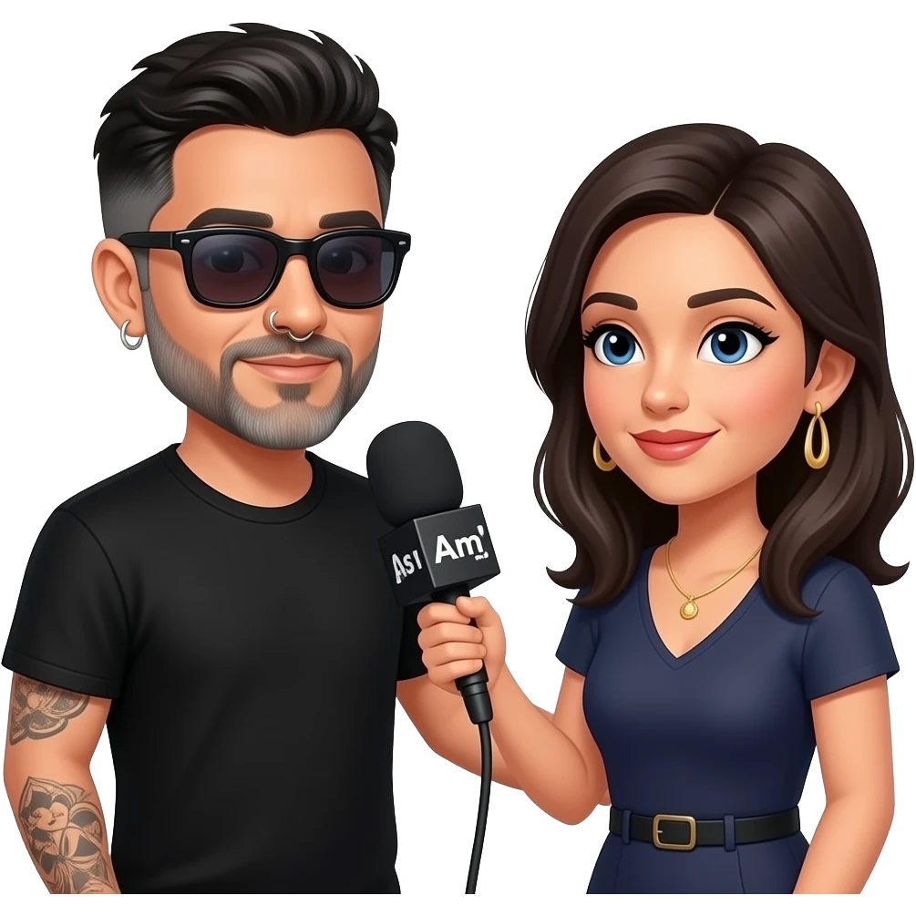 A podcast host, a handsome Latino man with medium hair, a graying beard, tattoos, hoops in his nose and ear, all in black with sunglasses, interviews a woman in front of a microphone with a logo reading "As I Am." emoji