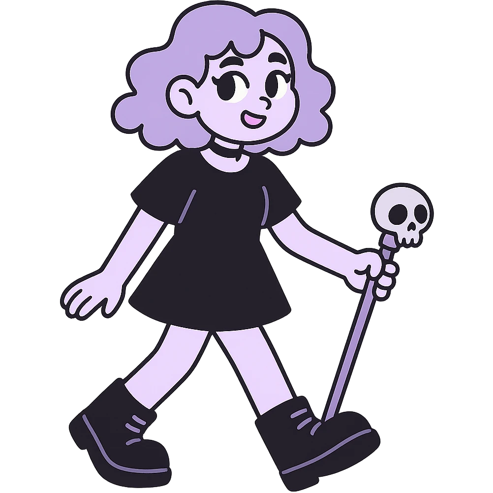 pastel goth walking stick, pastel purple wood, silver skull handle, cute and dark emoji