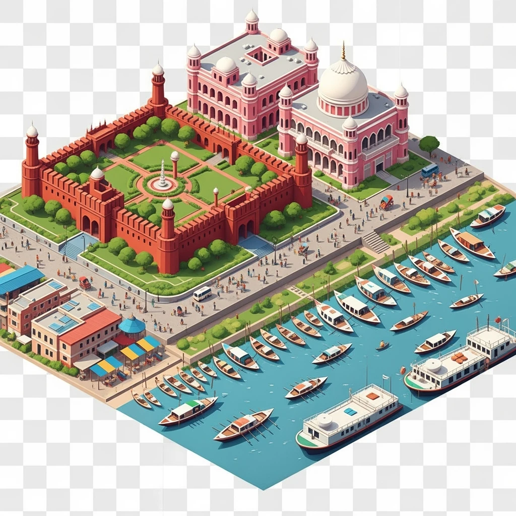 Isometric minimalistic illustration of Dhaka – Lalbagh Fort, Ahsan Manzil, bustling river boats, dirty colorful streets, subtle 3D miniature effect and Tilt Shift effect, no cartoonish look, transparent background. emoji