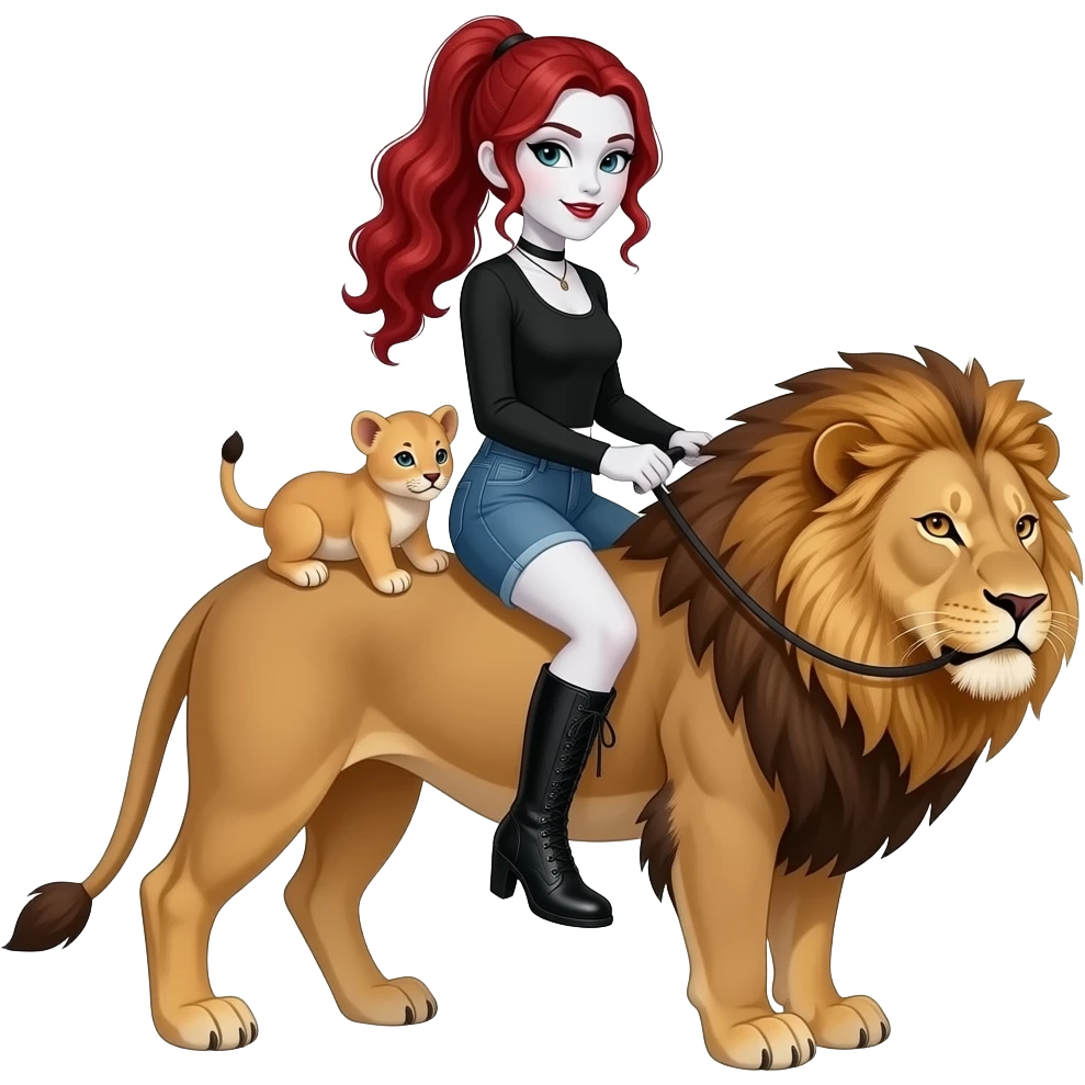Vampiro femmina ADOLESCENTE con pelle bianca e capelli rosso ondulati lunghi raccolti in una mezza coda che indossa dei jeans corti un top nero con maniche lunghe e degli stivali lunghi con tacco che cavalca un leone insieme ad dei CUCCIOLI di leone e alla mamma LEONESSA emoji