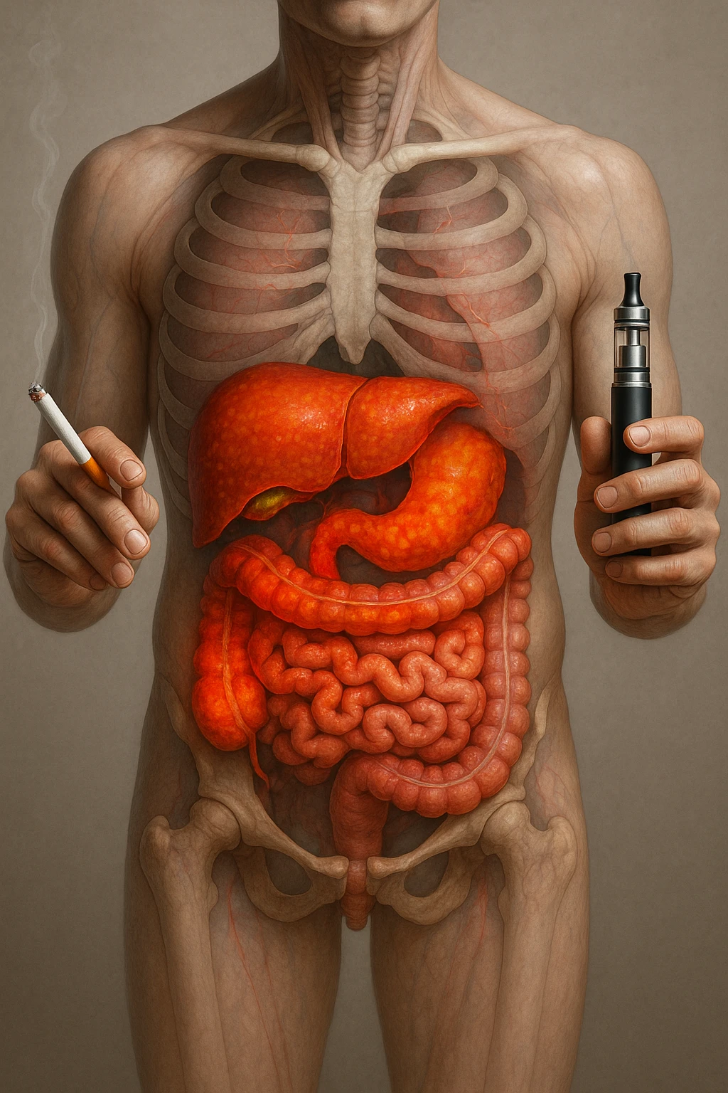 FANNE 10 CON LO STESSO IDENTICO STILE DEL CORPO UMANO CHE HO ALLEGATO , MA USANDO QUESTO COMANDO: A MEDICAL ILLUSTRATION OF A REALISTIC human body WITH INFLAMMED LIVER AND INTESTINE IN EVIDENCE, HOLDS A LIGHTED NORMAL CIGARETTE IN HIS RIGHT HAND, AN ELECTRONIC CIGARETTE IN HIS LEFT HAND IPERREALISTICA  4K emoji