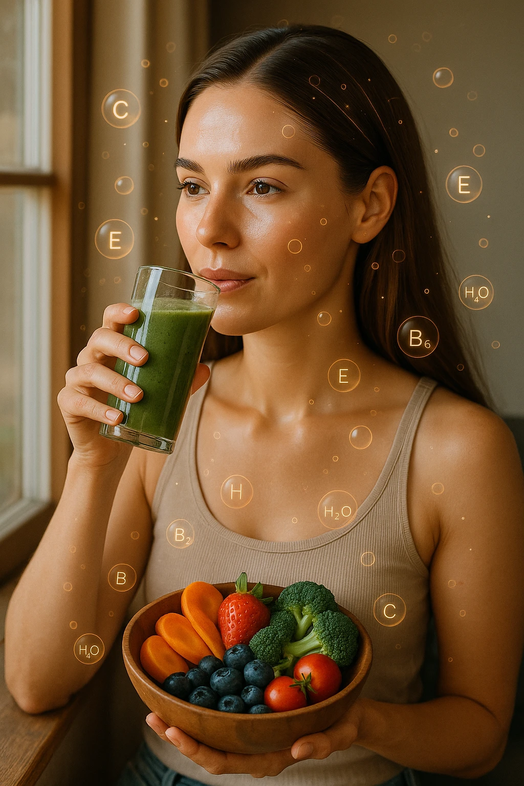 A highly realistic, cinematic portrait of a young woman in her late 20s with glowing, clear, healthy skin and a vibrant scalp with strong, shiny hair, symbolizing internal health reflecting outward. She has a calm, confident expression while sitting by a window with warm daylight softly illuminating her face, highlighting smooth, hydrated skin with a natural glow. Her hair appears clean, full, and strong, indicating a healthy scalp and balanced sebum production. She is drinking a glass of green smoothie rich in antioxidants and holding a bowl of colorful fruits and vegetables, symbolizing how internal nutrition supports skin and scalp health. Subtle, softly glowing overlays of molecular symbols for vitamins, minerals, and hydration molecules gently swirl around her, visually representing the concept of beauty and skin health from the inside out. Style: 35mm hyperrealistic film look, warm tones, soft depth of field, focusing on clear skin texture, healthy scalp, and vibrant hair to inspire holistic wellness emoji
