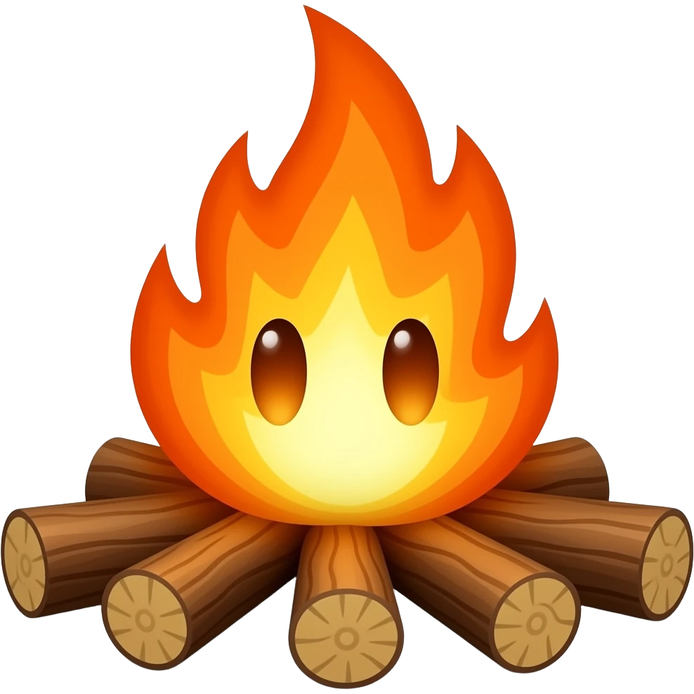 A campfire with wooden legs and with glowing orange eyes emoji