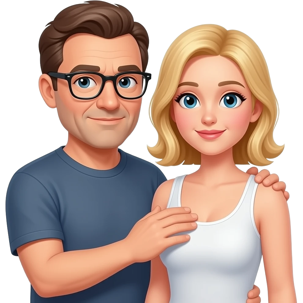 A middle age man with brown hair combed to the side with black glasses feeling a hot blonde girls breast emoji