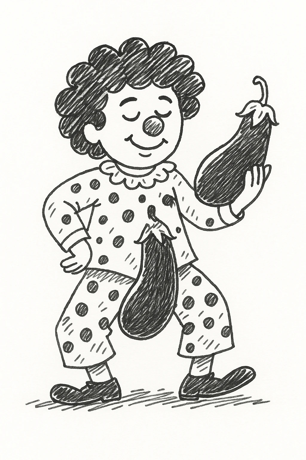 Clown holding an eggplant between his legs in hand drawn doodle style, black line art with sketchy, playful details. emoji