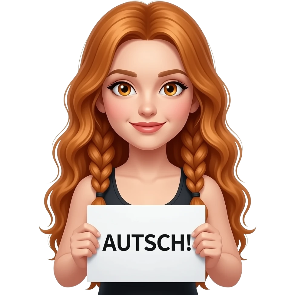 sexy girl with long wavy ginger braids and ginger eyes wearing a black tanktop is holding a white colored sign with AUTSCH! written on it emoji