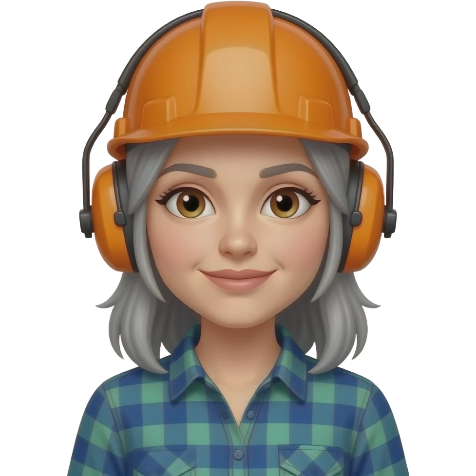 female lumberjack with grey hair with orange hardhat with hearing protection ear muffs and blue and green plaid button up shirt emoji