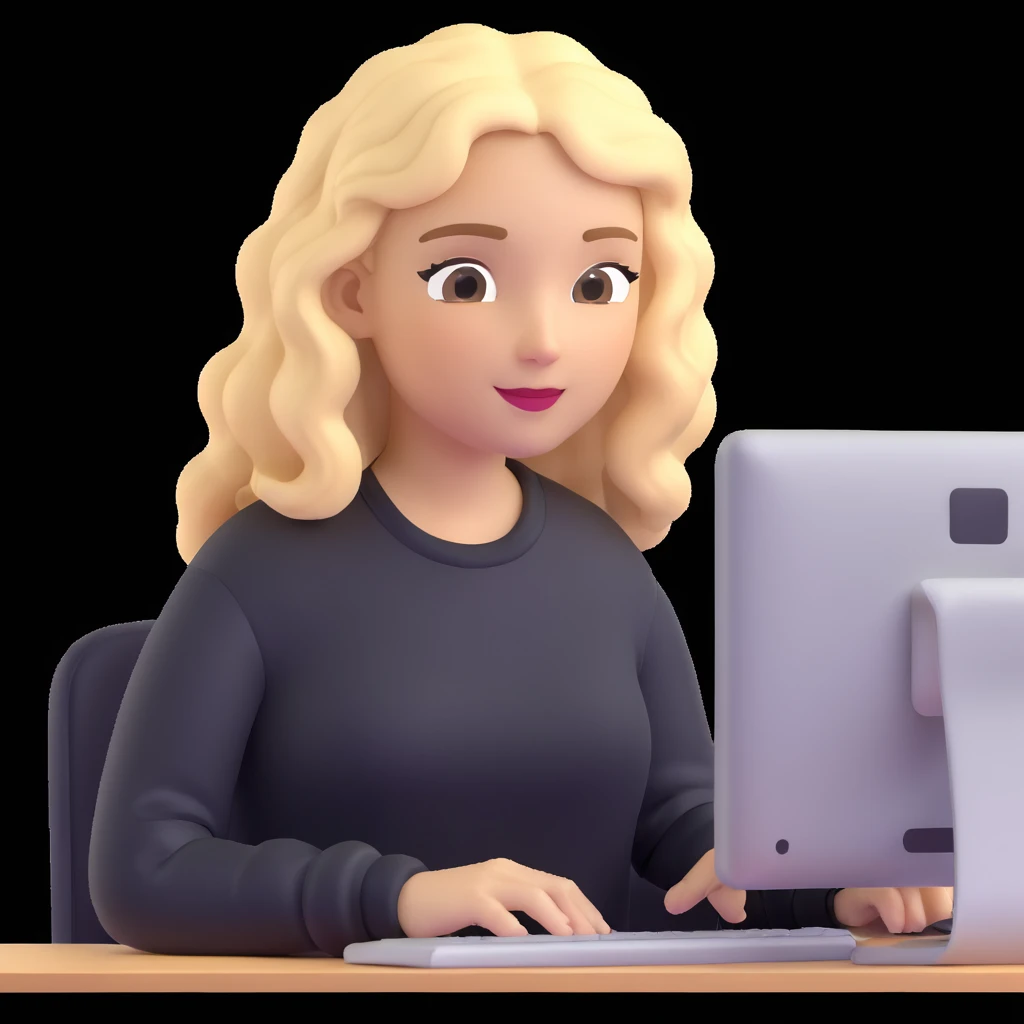brown-eyed blonde young woman with wavy hair, wearing a black sweater, working on a computer in a cozy office emoji