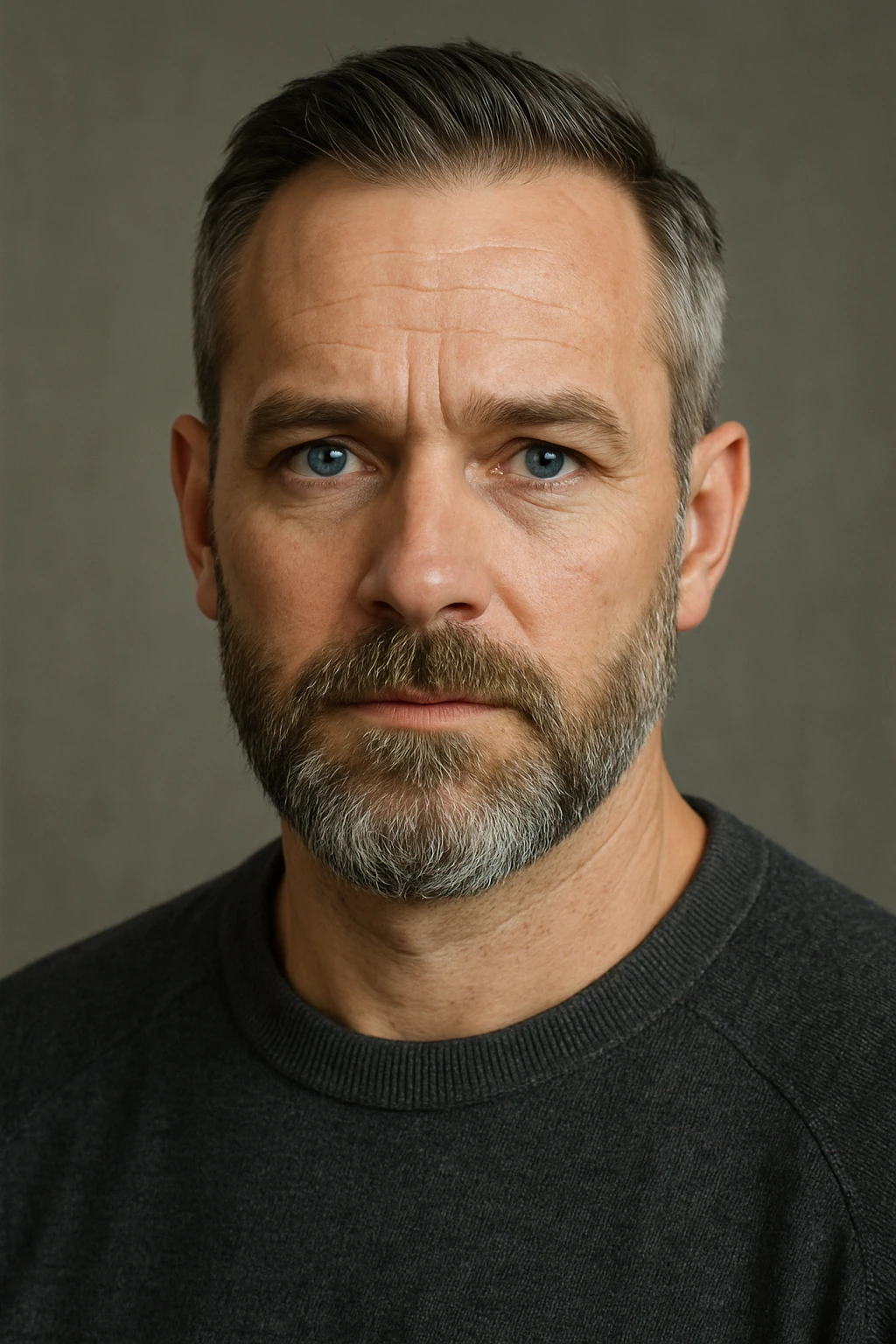 A middle-aged man with a medium slightly gray beard, short hair cut to the scalp on the sides and combed back on top, blue eyes emoji