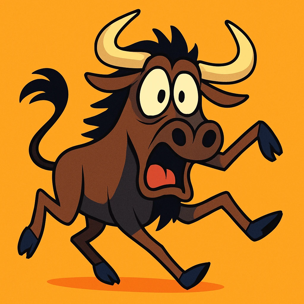 cartoon gnu with a panicked expression, wide eyes, and flailing legs, colorful playful cartoon style emoji