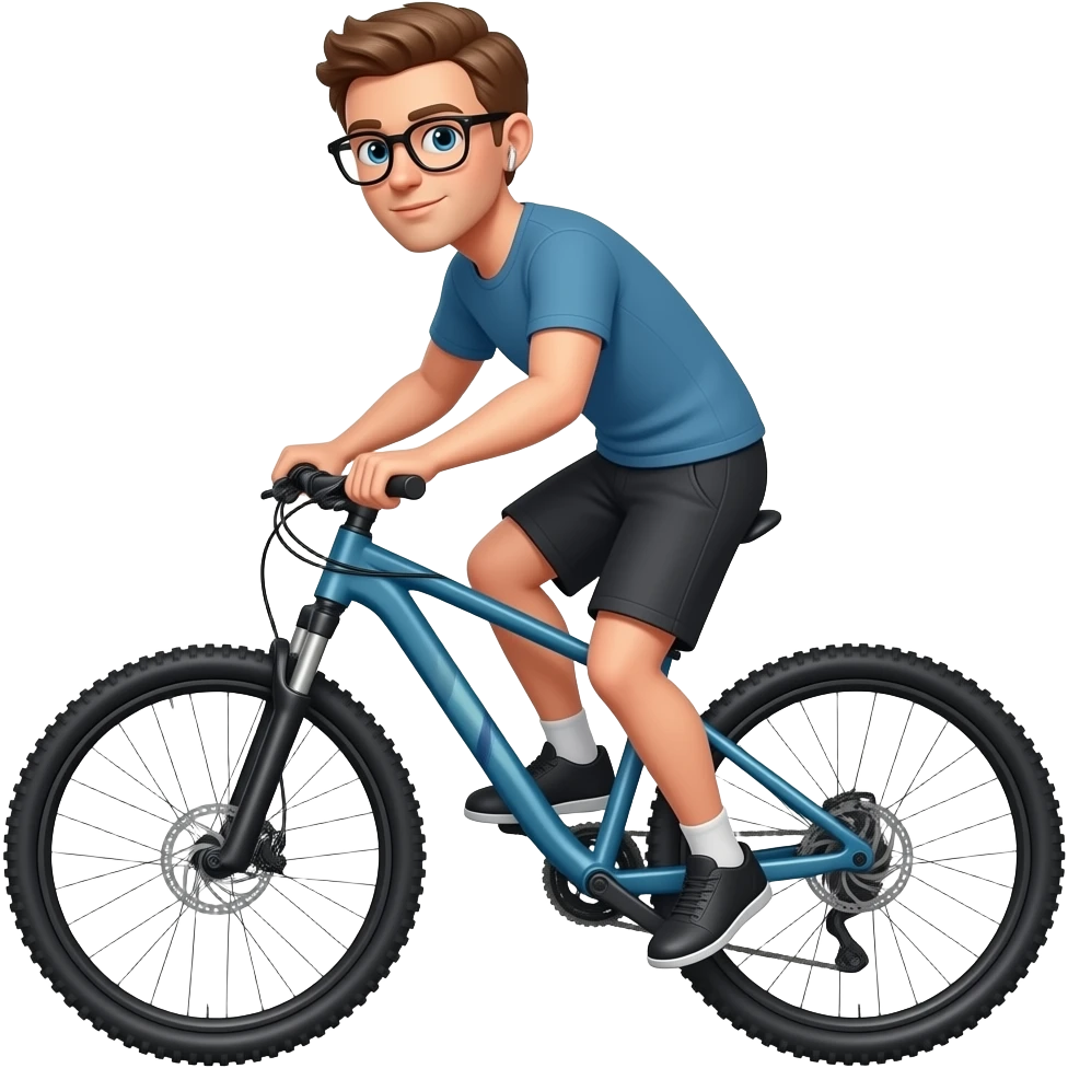 light pron hair guy with glasses and hearing aid doing mountain bike emoji