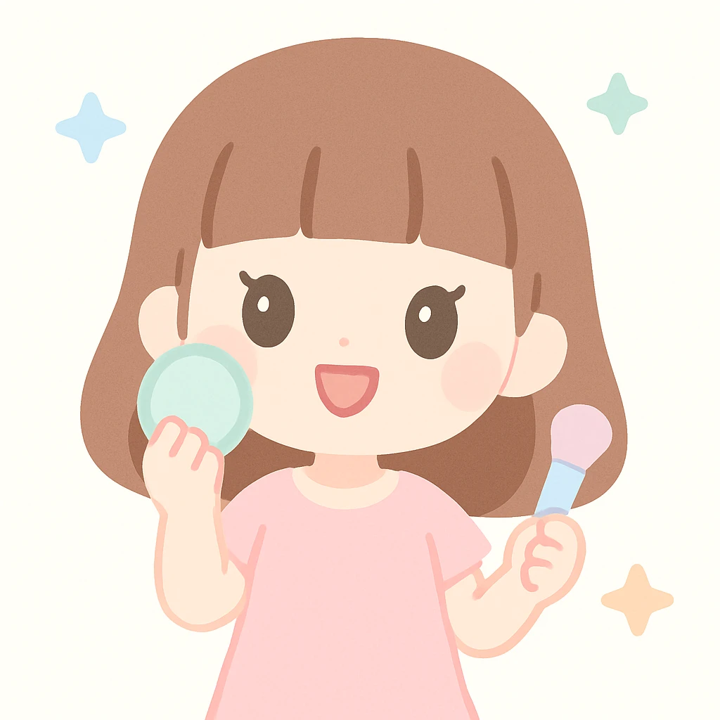 girl with brown hair styled in hime cut, light pink dress, applying makeup, cheerful vibe emoji