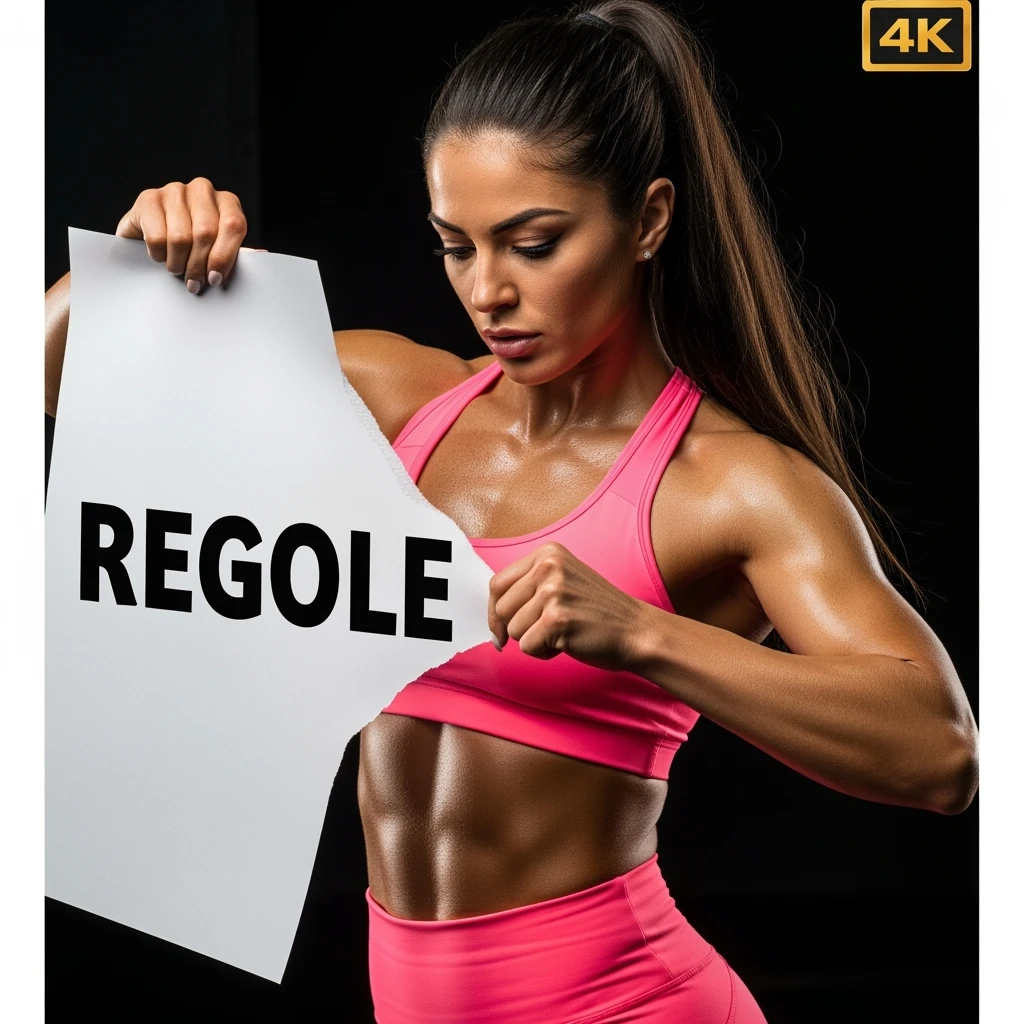 DONNA FITNESS CHE STRAPPA UN FOGLIO CON LA SCRITTA "REGOLE", IPERREALISTICA 4K, SENZA SFONDO emoji