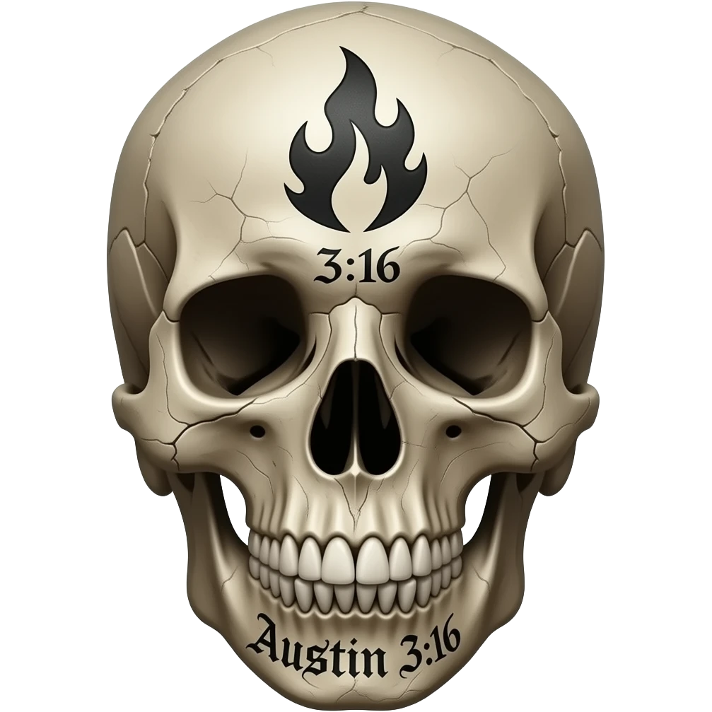 A human skull that has aged with the words Austin 3:16 in black ink, eye holes need fire carved in to its forehead in a Gothic font, show cracks, weathering, pieces missing emoji