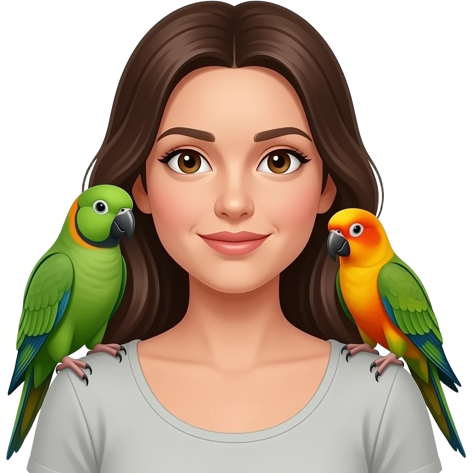 green indian ring neck parrot on a brown haired womans shoulder with a sun conure parrot with all green wings on her other shoulder emoji
