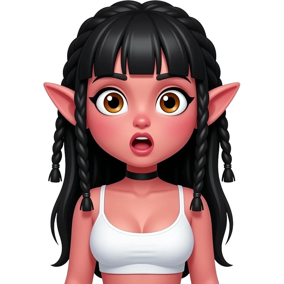 놀란 동공. 커다란 눈. 하얀 동공에 갈색렌즈. 살색의 뾰족하고 커다란 귀. 진한 분홍색 얼굴 스킨. 붉은 홍조. 이마 주름은 없고 입은 O모양. 앞머리있는 검정 긴생머리.드레드헤어. 흰색 나시를 입고 큰 가슴. 목에는 검정색 얇은 띠의 초커. emoji