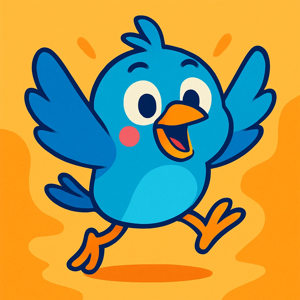 bouncy blue cute bird, vibrant toon style, energetic pose emoji