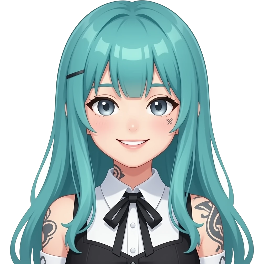 anime girl, happyface, face tattoos, long flowing teal hair, grey eyes, black shoulder cyberpunk blouse with fancy white collar emoji