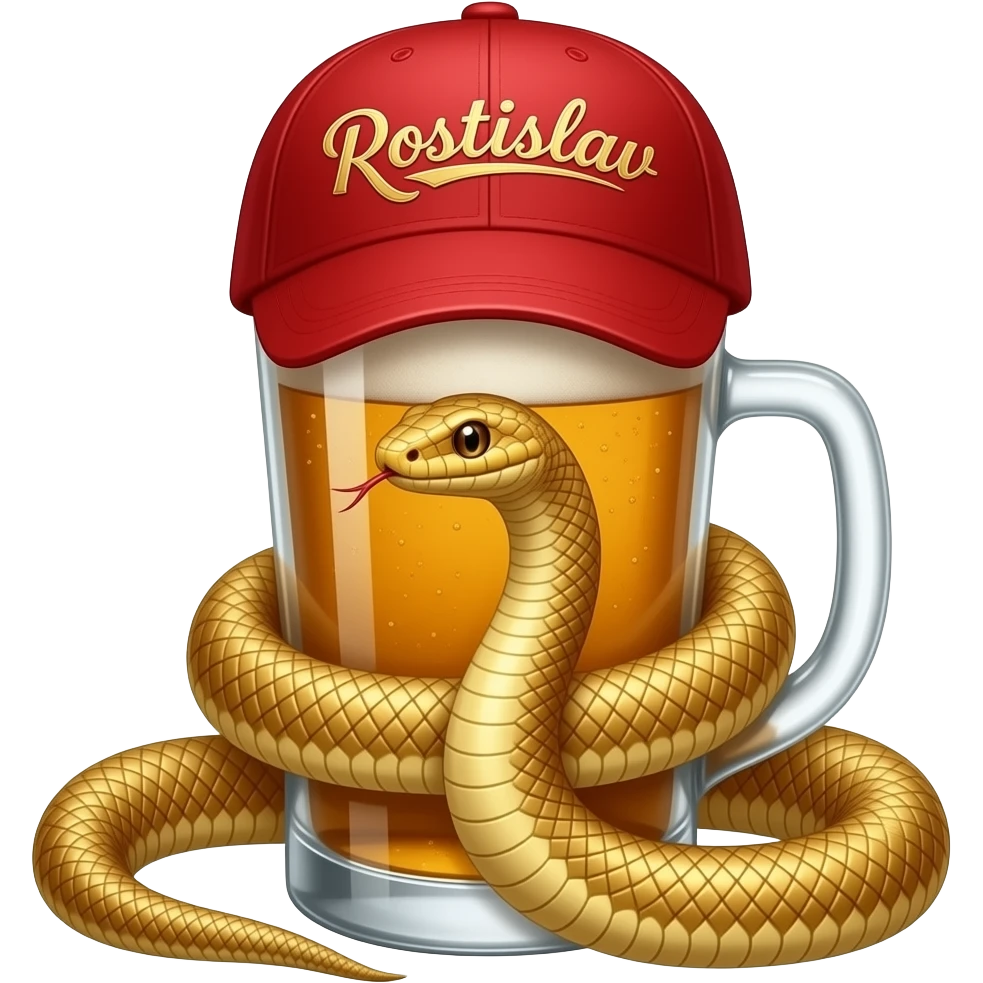A snake in a cap with the inscription Rostislav is wrapped around a glass of beer. emoji