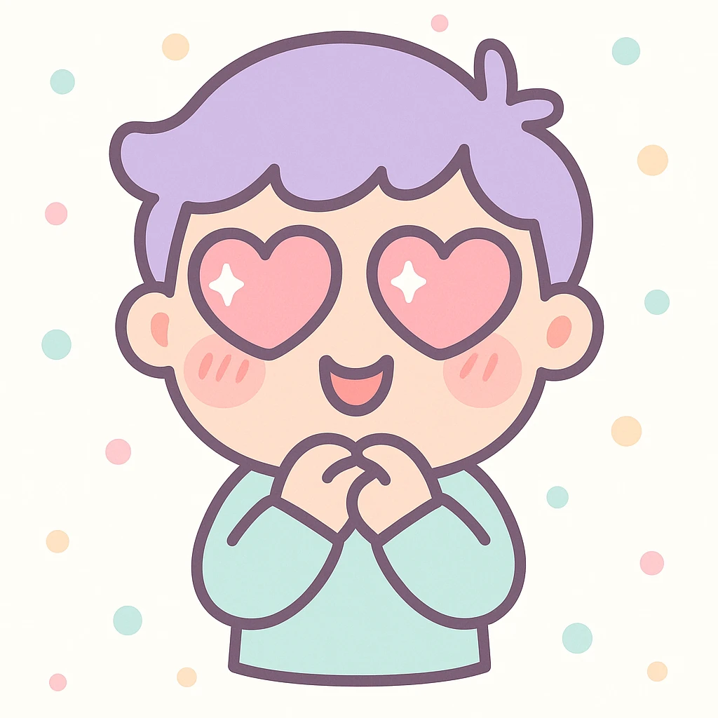 cartoon man with heart eyes, blushing with love, kawaii style emoji