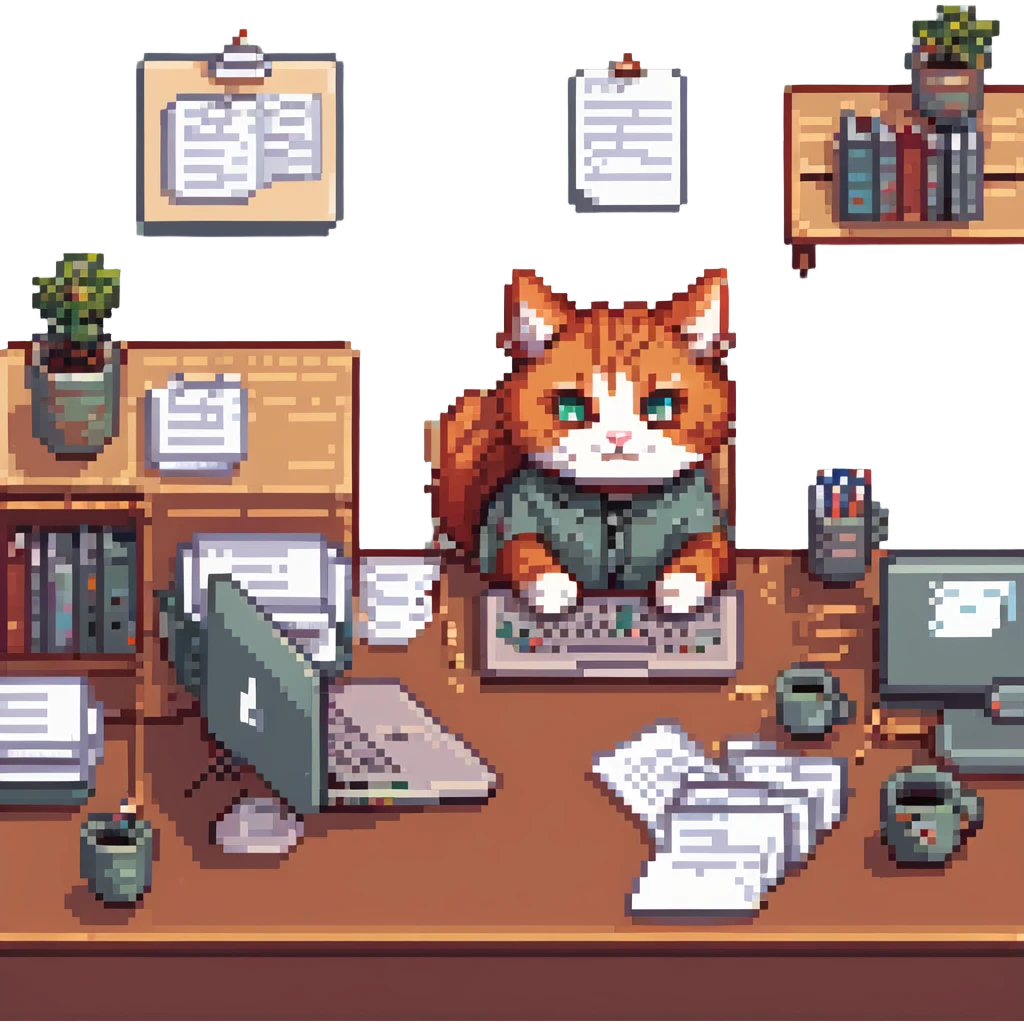 redhead cat at a desk with a MacBook, stacks of papers, looking stressed but cute, pixel art style emoji