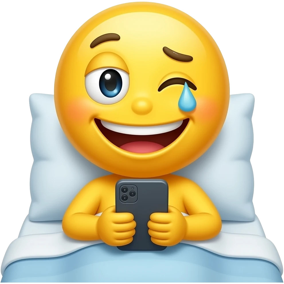 Yellow tired smiley reading phone messages in bed with one eye open emoji