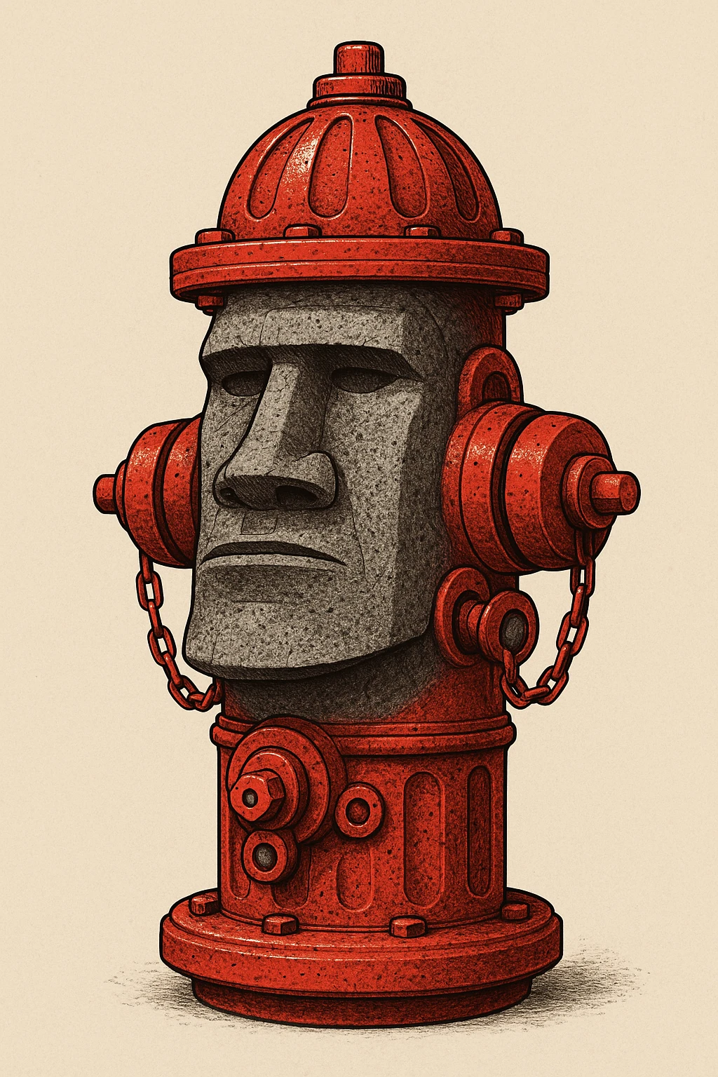 A creative hybrid design merging a fire hydrant and the Moyai statue, blending the hydrant's red color and nozzles with the stone face and blocky features of the Moyai statue. emoji