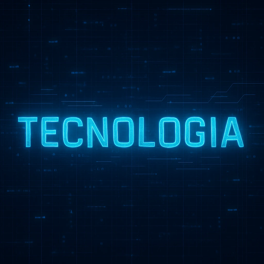 the word 'tecnologia' with a futuristic, digital look emoji