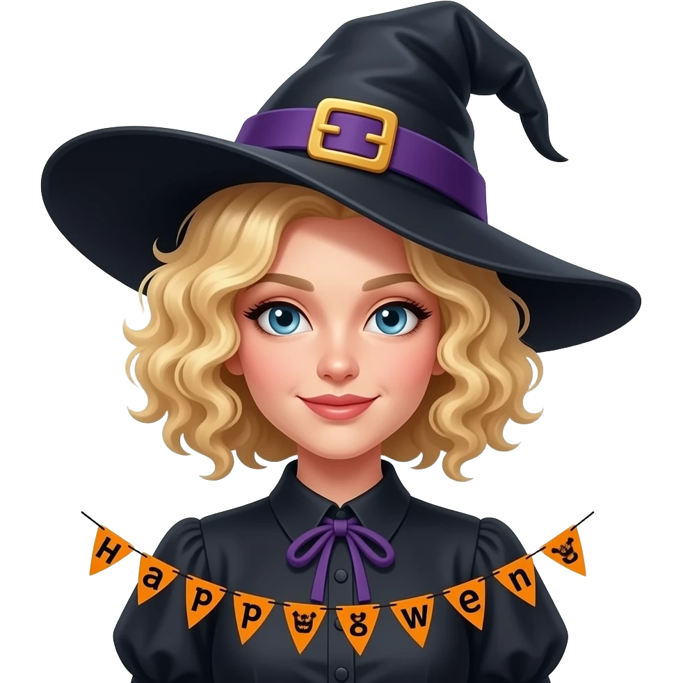blonde tight curly hair in a short bob Happy Halloween banner with a witch blouse and a witche's hat emoji