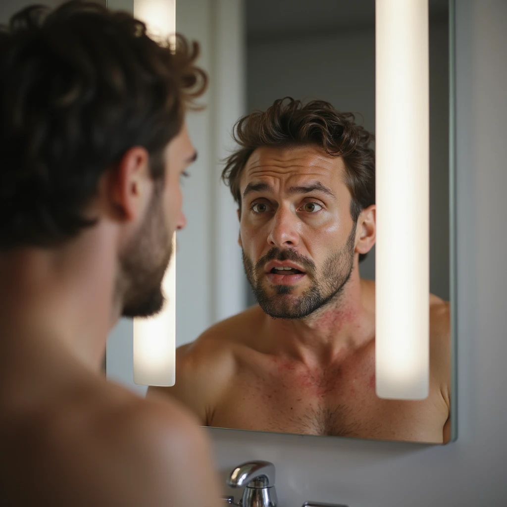 hyperrealistic 4K image of a man looking at himself in the mirror with a worried expression, noticing a rash on his neck, natural light, modern bathroom emoji