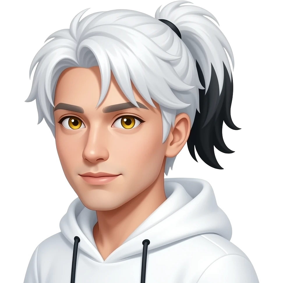 A male Snow Angel with white hair tied in a ponytail with black on the end, and golden eyes. emoji