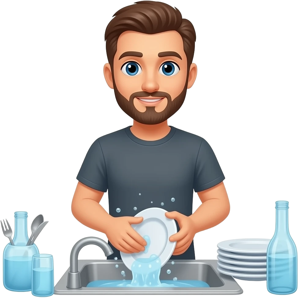 lavar los platos sin barba y con remera. sacar la barba emoji