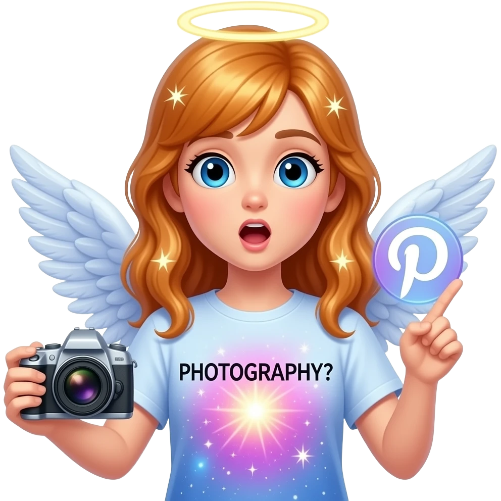 An ethereal blue eyes, glowing amber hair, angel, hand made of starlight holding a crystalline Pinterest logo on the right hand, a camera on the left, surprised, pointing at icon. A black decorative text: 'PHOTOGRAPHY?' on center of t-shirt. Glowing nebula colors, isolated on white, bold 3D icon emoji