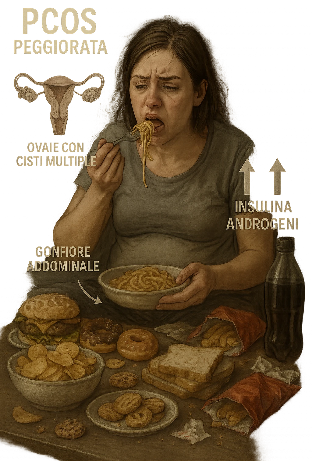 Donna tra i 25 e i 35 anni seduta sul divano o a un tavolo disordinato, circondata da cibi sparsi e poco sani: patatine, dolci, pane bianco, snack confezionati, bibite. Mangiando di fretta, ha un’espressione stanca e frustrata. Intorno a lei, in trasparenza o come illustrazione simbolica, si vedono gli effetti della PCOS peggiorata: ovaie con cisti multiple, squilibrio ormonale (↑ insulina, ↑ androgeni), gonfiore addominale. Sullo sfondo, orologio che corre o caos visivo che comunica disorganizzazione alimentare. Colori spenti e atmosfera stanca. Stile realistico con elementi simbolici e informativi. in italiano emoji