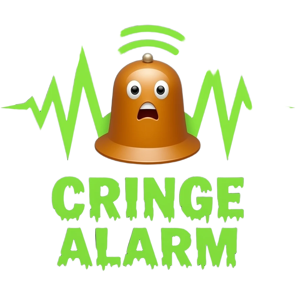 A blaring siren with visual sound effects, a label below it with text "Cringe Alarm" with a very big green horror font", filled background emoji