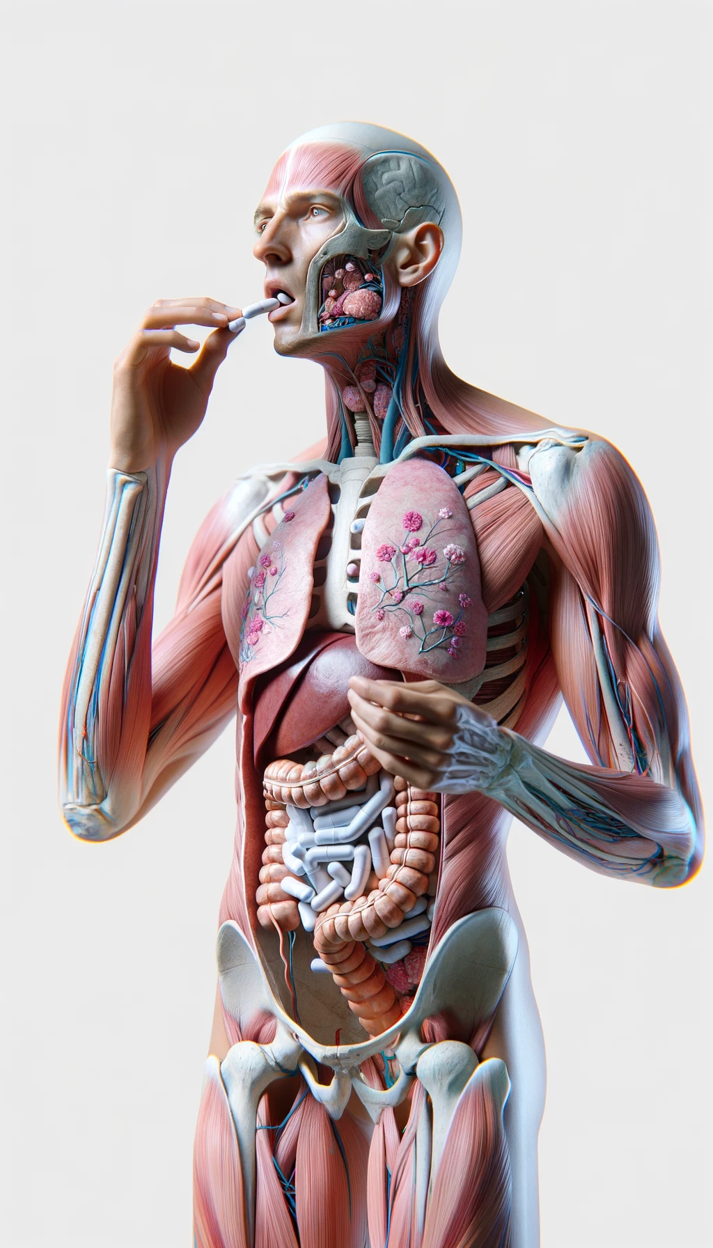 corpo umano anatomico con intestino in evidenza che ingoia pillole con espressione neutra in volto, iperrealistico 4k, isolato su sfondo bianco emoji