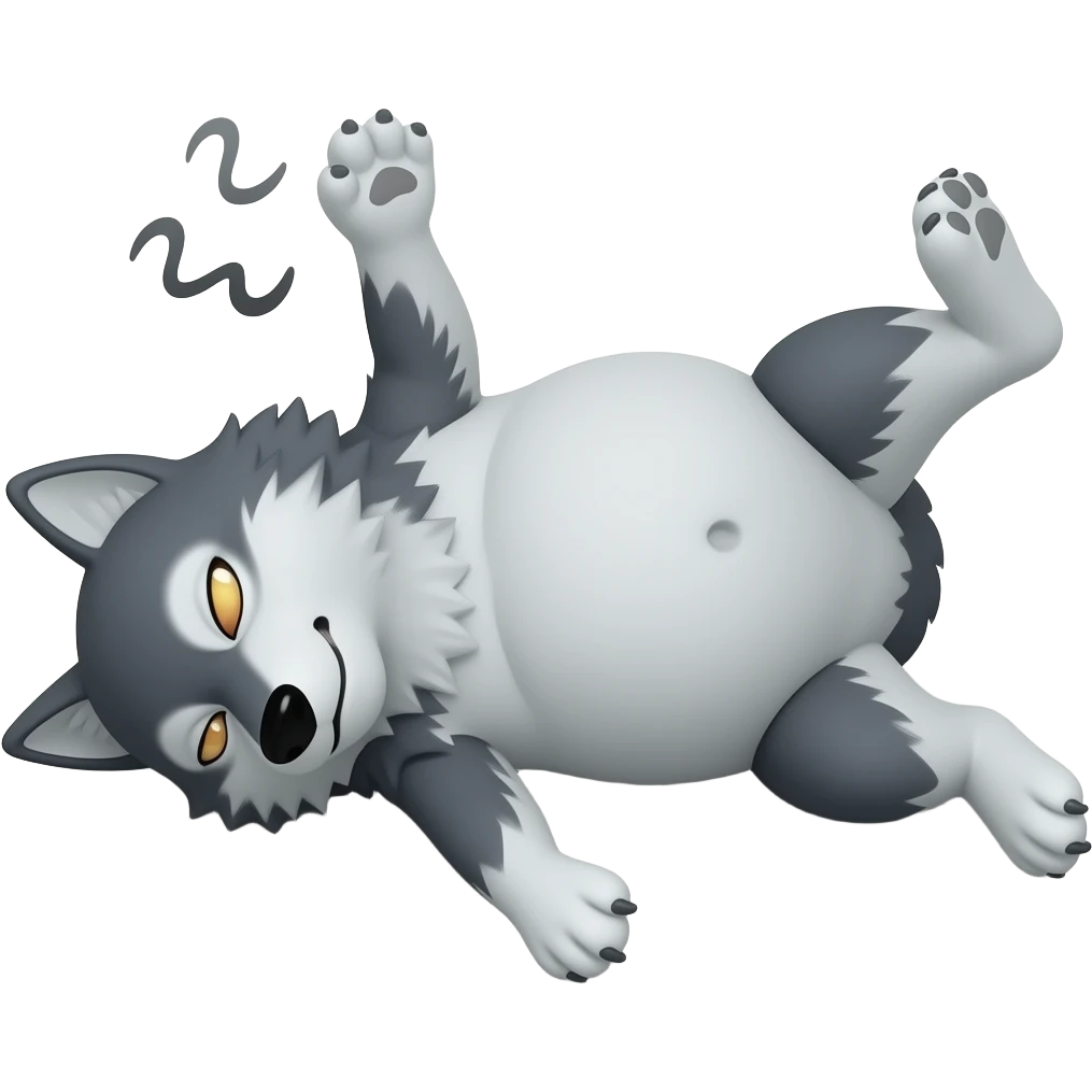 Hazme un lobo durmiendo y estirado. Tiene que tener mucha barriga. Tiene que ser malo emoji