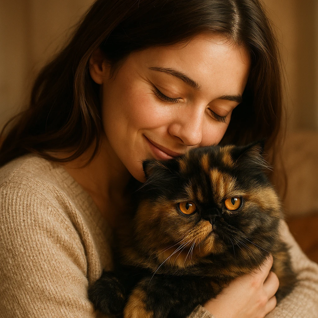 brunette girl snuggling a tortoiseshell Persian cat, warm and affectionate scene emoji