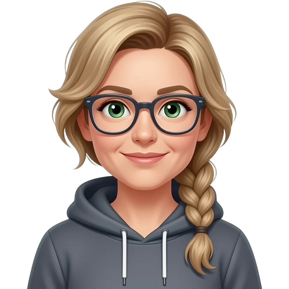 girl in her mid-30s, dirty blonde/brown hair, side part, messy low side braid, green eyes with glasses dark grey hoodie, gunmetal gray fitted jeans, charcoal platform wedge boot emoji