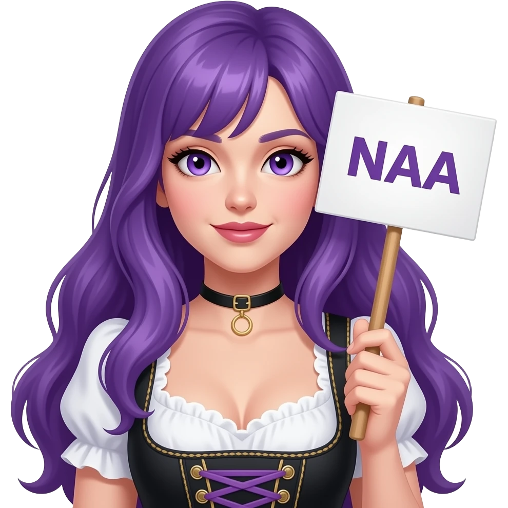 sexy girl with long purple hair and purple eyes wearing a dirndl holding a NAA sign emoji