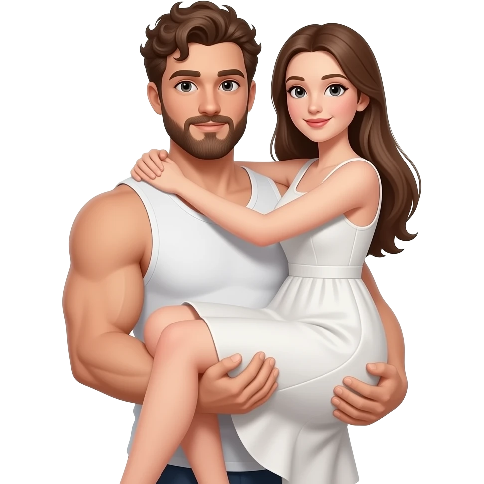 Realistic white skin brown short curly hair with beard muscular man carrying white skin long straight brown hair girlfriend wearing aesthetic dress HD emoji