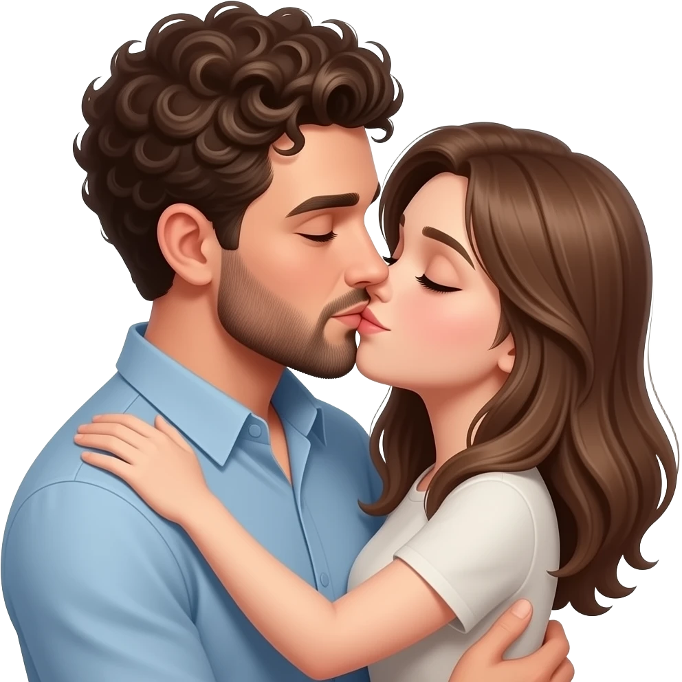 Realistic white man super short curly brown hair with beard kissing passionately and hugging realistic white girl brown hair emoji