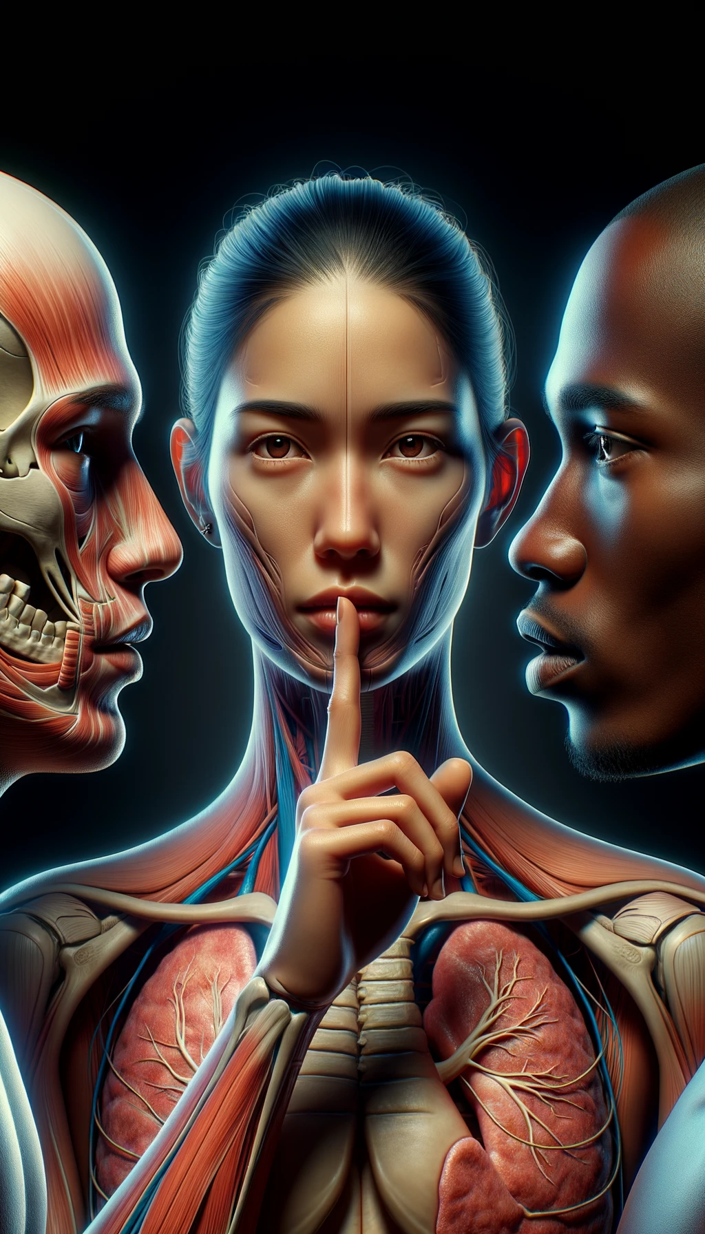 corpo umano anatomico che parla ma sopra di lui c'è il muto, un altra persona lo ascolta, immagine iperrealistica 4k emoji