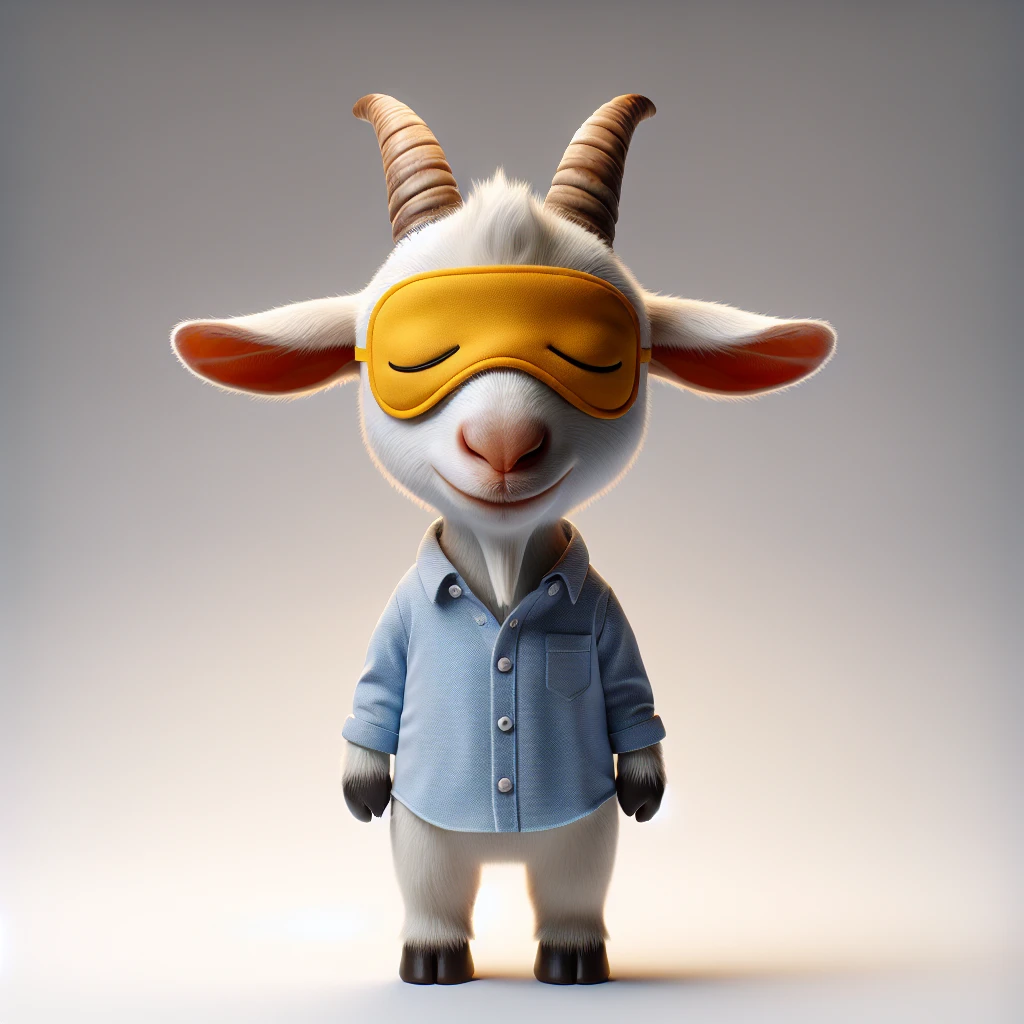 a goat with yellow sleep mask and wearing shirt, front view,  Frontal Top-Down Soft Light, white background, portrait, casual cartoon stylized emoji