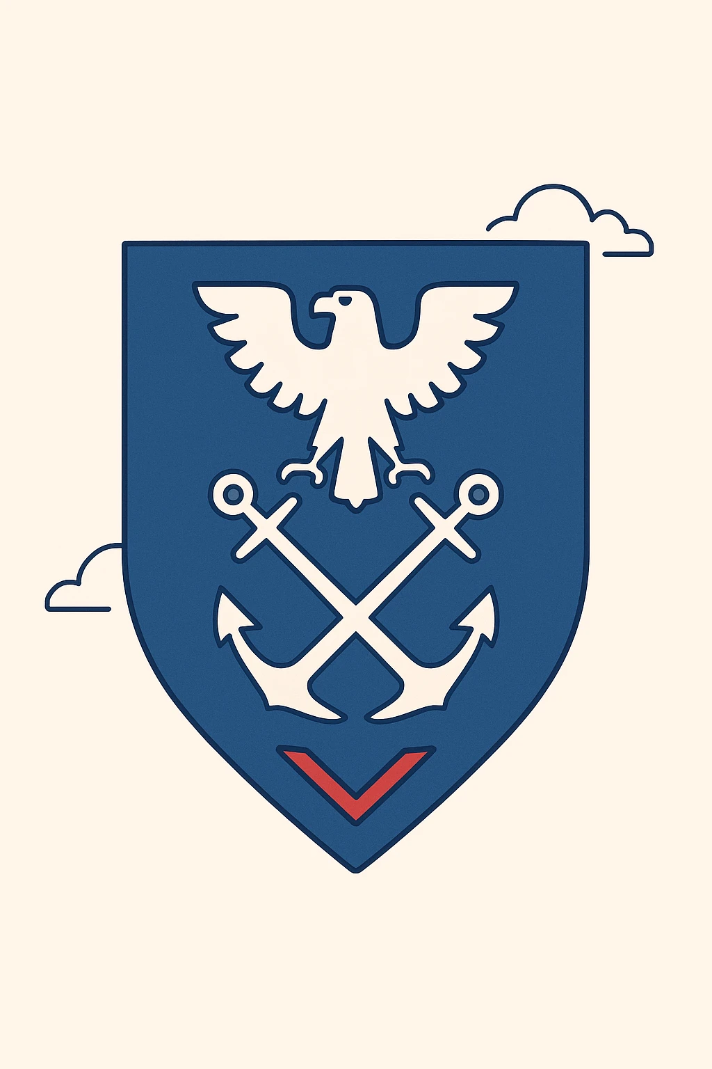 blue shield insignia with a white eagle holding a bar at the top, crossed white anchors below the eagle, and a single red chevron at the bottom, military rank badge style emoji