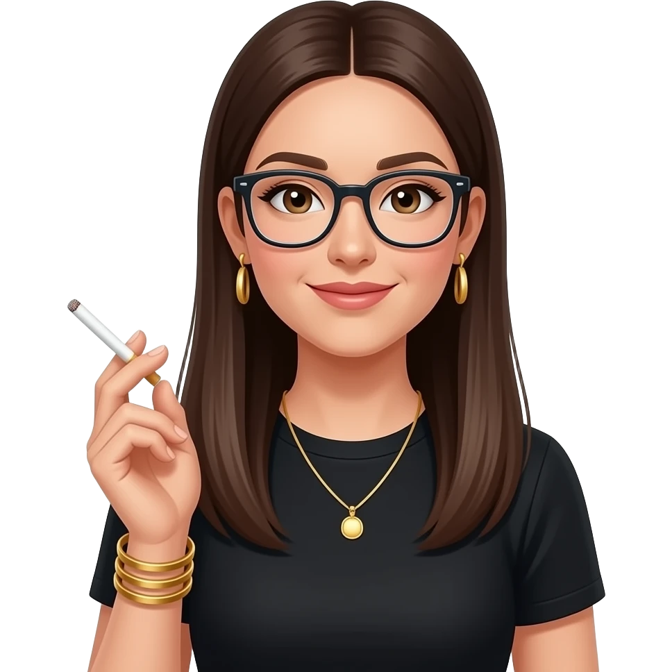 long dark brown straight hair, glasses, marketing, recruiting, gold bracelets and gold earrings, in black tshirt, holding cigarette emoji